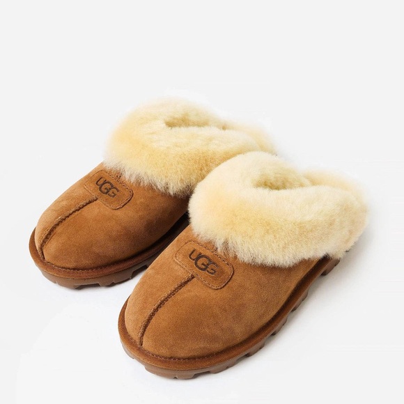 UGG Shoes - UGG Chestnut Suede Sheepskin Mule Slippers with Cream Collar